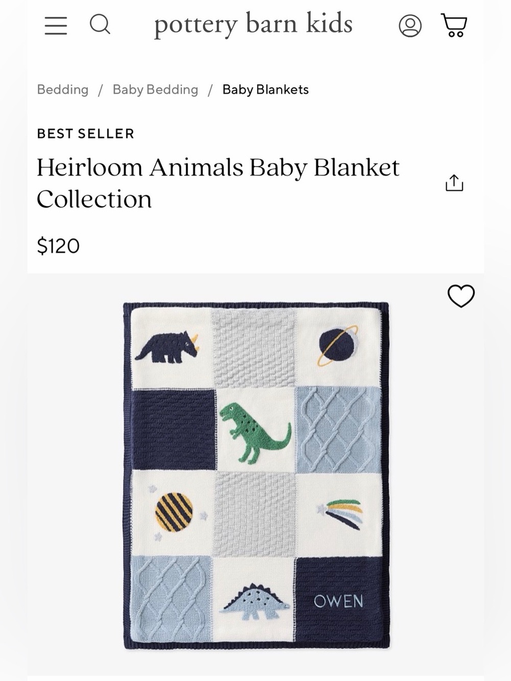 Pottery Barn Kids Navy, White, Light Blue & Green Heirloom Animals Baby Blanket